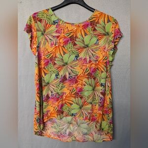 Women's Tropical Leaf Short Sleeve Tee in Orange & Green Size M